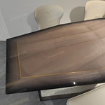 Angled Top Dining Table with Diamond-Quilted Leather Pedestal and Gold Inlay